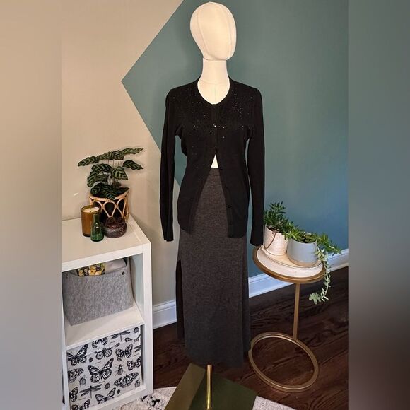 Vintage Nina Leonard Wool Blend Knit Pencil Skirt Stretchy Gray Midi Skirt 90s L - Picture 2 of 8